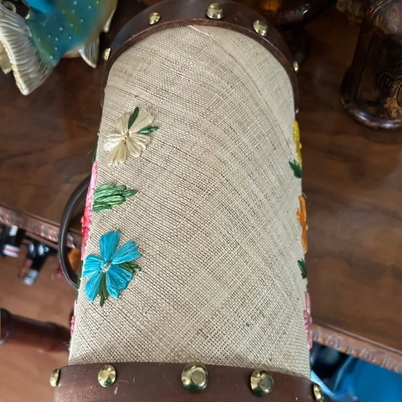 Vintage Floral Embroidered Raffia & Wooden Barrel Bag ~ Bags By Whidby Inc. - Picture 10 of 14